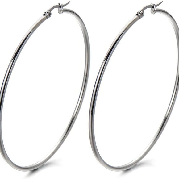 Statement 80mm Stainless Steel Huggie Earrings in Elegant Silver Finish - Picture 1 of 5